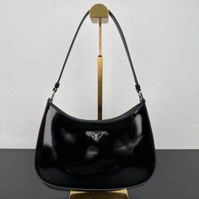 Replica Prada Cleo Brushed Leather Shoulder Bag With Flap 1Bc499 Black/Silver