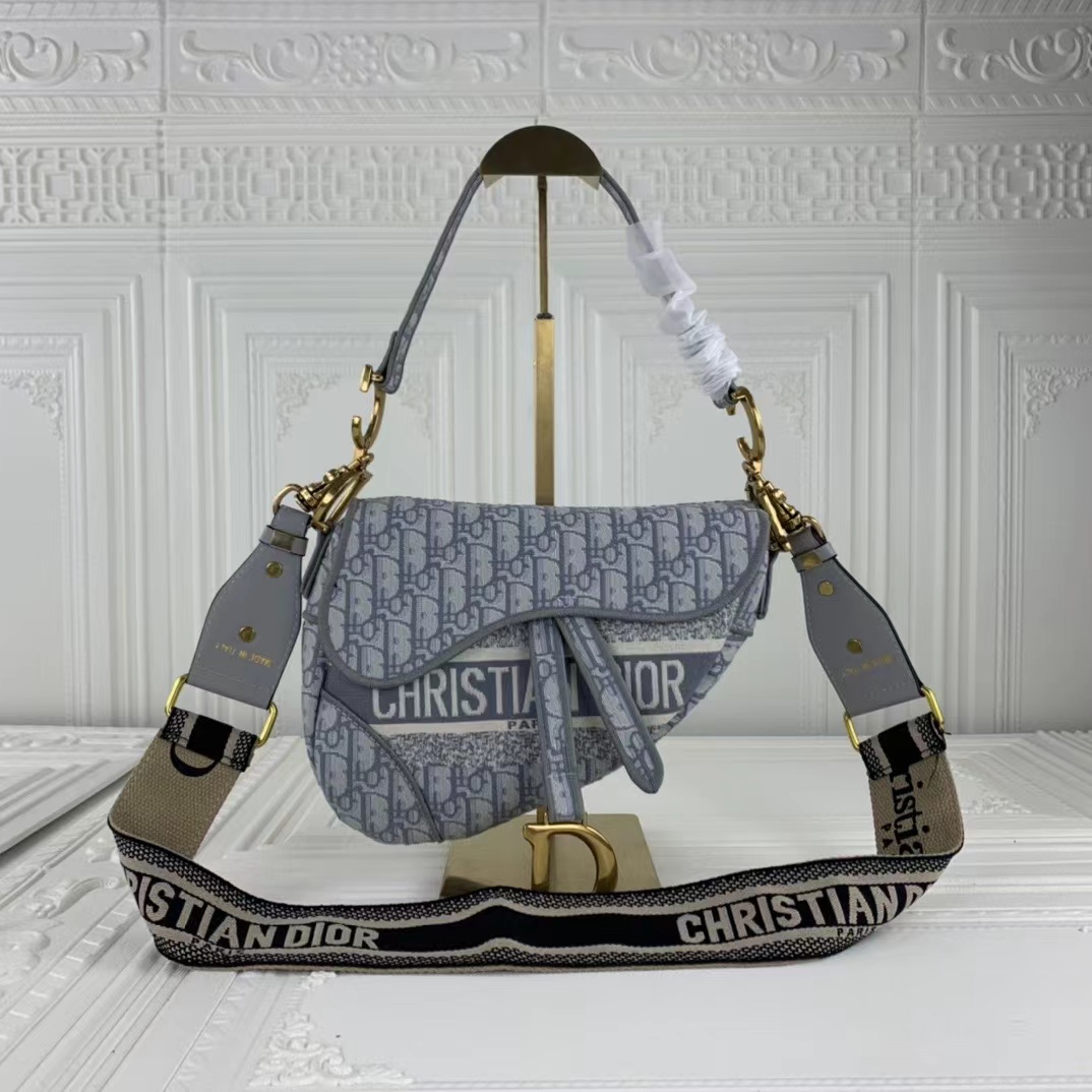 Replica Dior Navy/Gray Oblique Embroidery Saddle Bag - Image 8