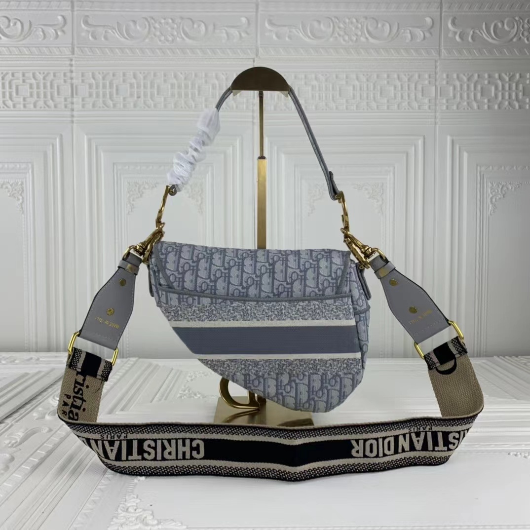 Replica Dior Navy/Gray Oblique Embroidery Saddle Bag - Image 9