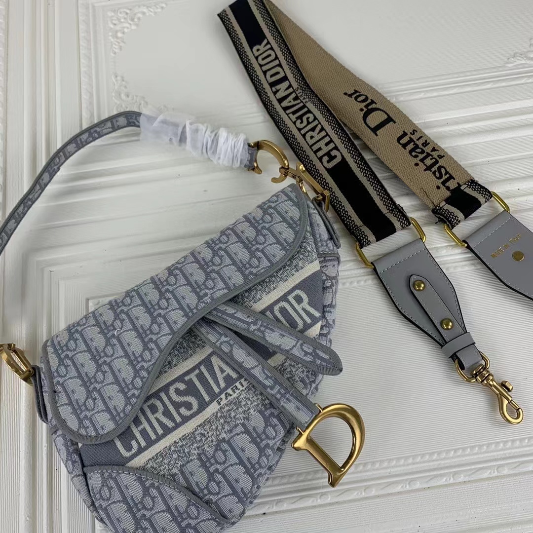 Replica Dior Navy/Gray Oblique Embroidery Saddle Bag - Image 7