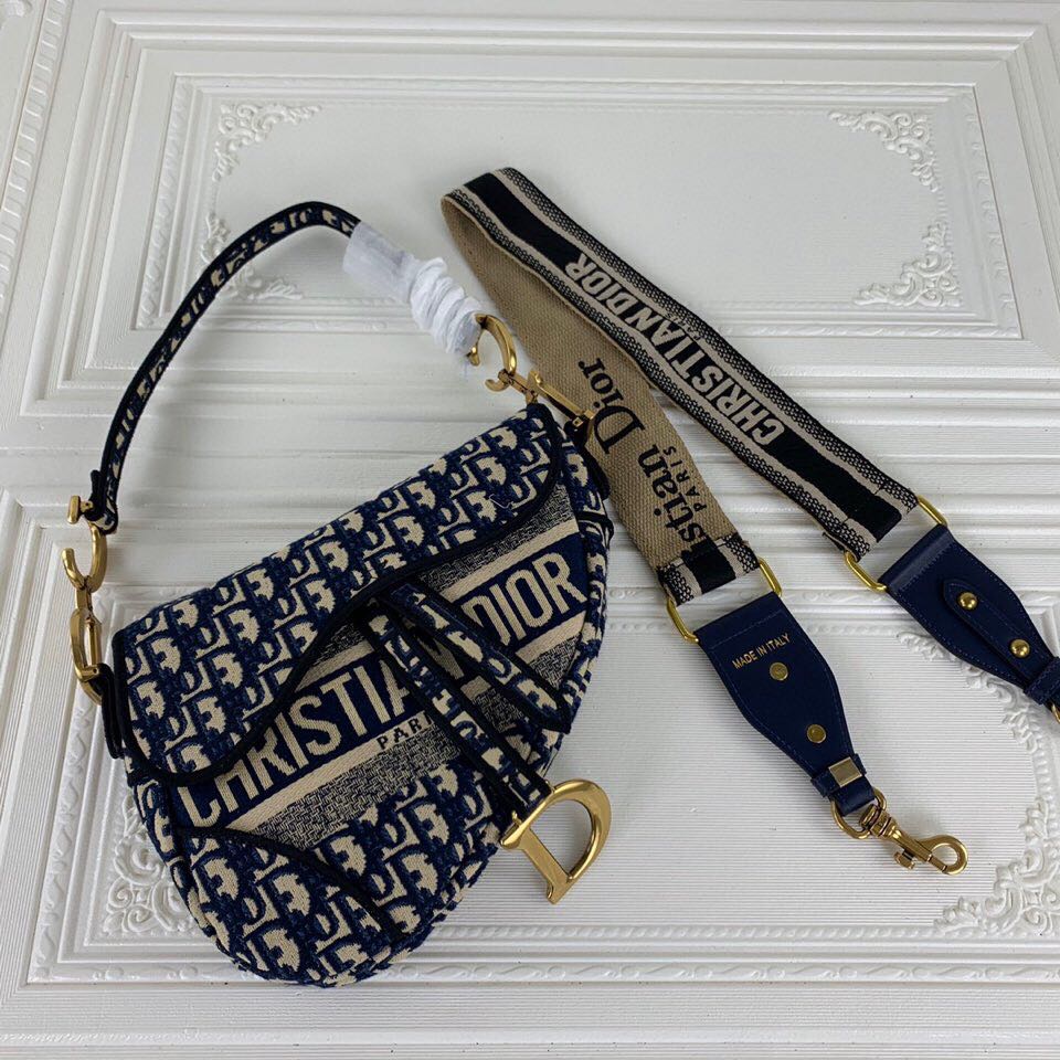 Replica Dior Navy/Gray Oblique Embroidery Saddle Bag