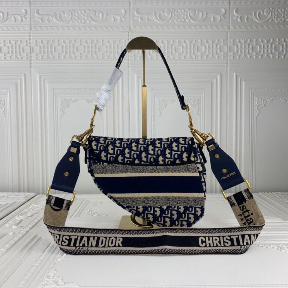 Replica Dior Navy/Gray Oblique Embroidery Saddle Bag - Image 3