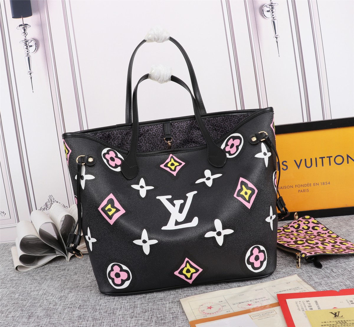 Replica Louis Vuitton Aaa-Neverfull Mm Tote Bag Black/White M45818 - Image 2