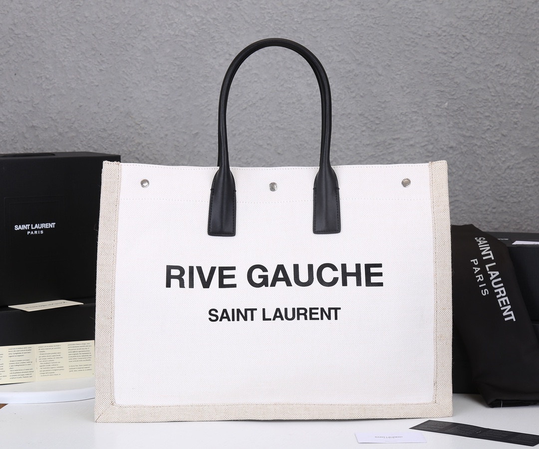 Replica Ysl Rive Gauche Tote Bag In Linen And Leather - Image 11