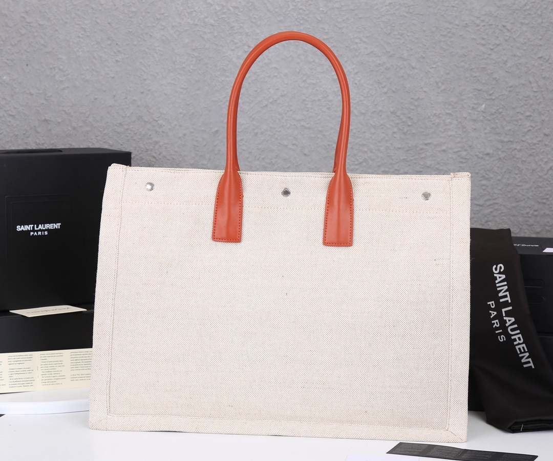 Replica Ysl Rive Gauche Tote Bag In Linen And Leather - Image 8