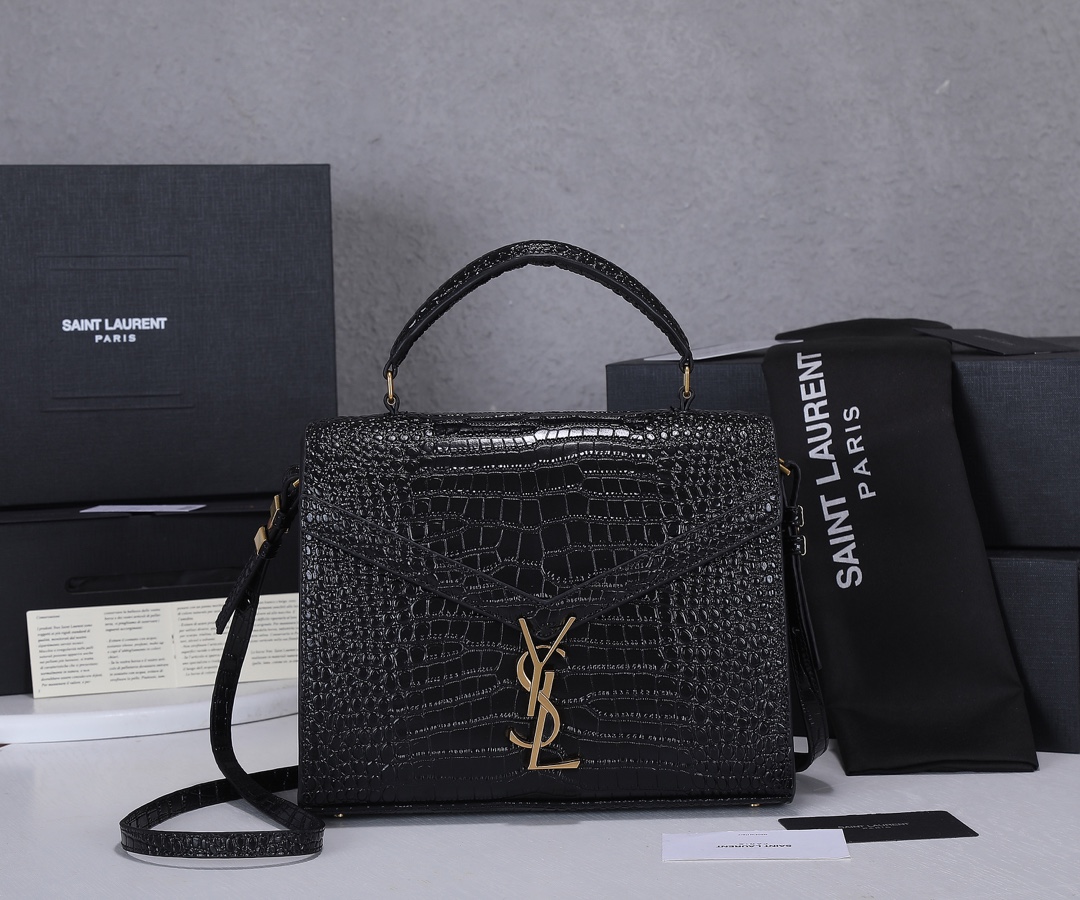 Replica Ysl Cassandra Medium Top Handle Bag In Crocodile-Embossed Shiny Leather