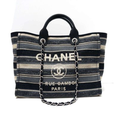 Alternative view of Replica Chanel Deauville Black Grey Striped Tweed Canvas Tote A66941