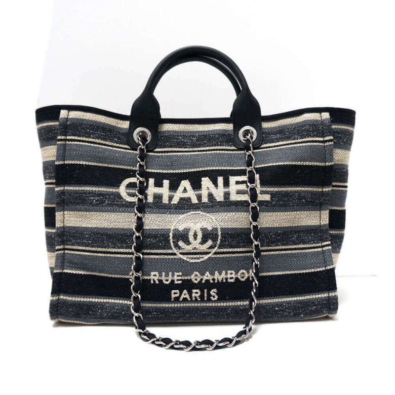 Replica Chanel Deauville Black Grey Striped Tweed Canvas Tote A66941 - Image 2