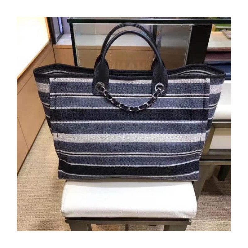 Replica Chanel Deauville Black Grey Striped Tweed Canvas Tote A66941 - Image 3