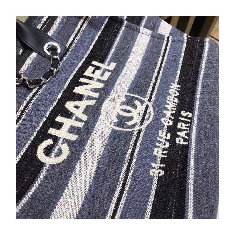 Replica Chanel Deauville Black Grey Striped Tweed Canvas Tote A66941 - Image 4