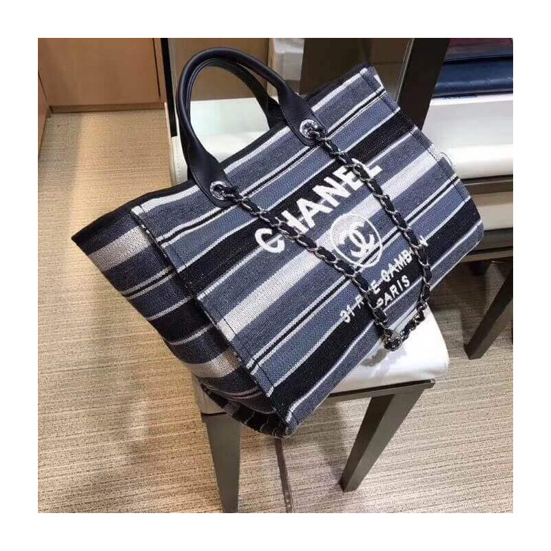 Replica Chanel Deauville Black Grey Striped Tweed Canvas Tote A66941 - Image 5