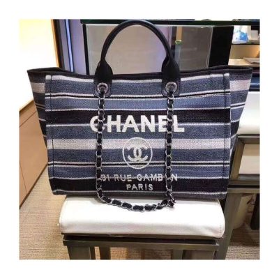 Replica Chanel Deauville Black Grey Striped Tweed Canvas Tote A66941