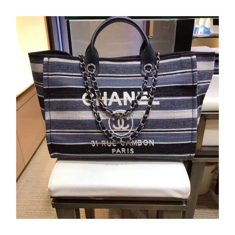 Replica Chanel Deauville Black Grey Striped Tweed Canvas Tote A66941 - Image 6