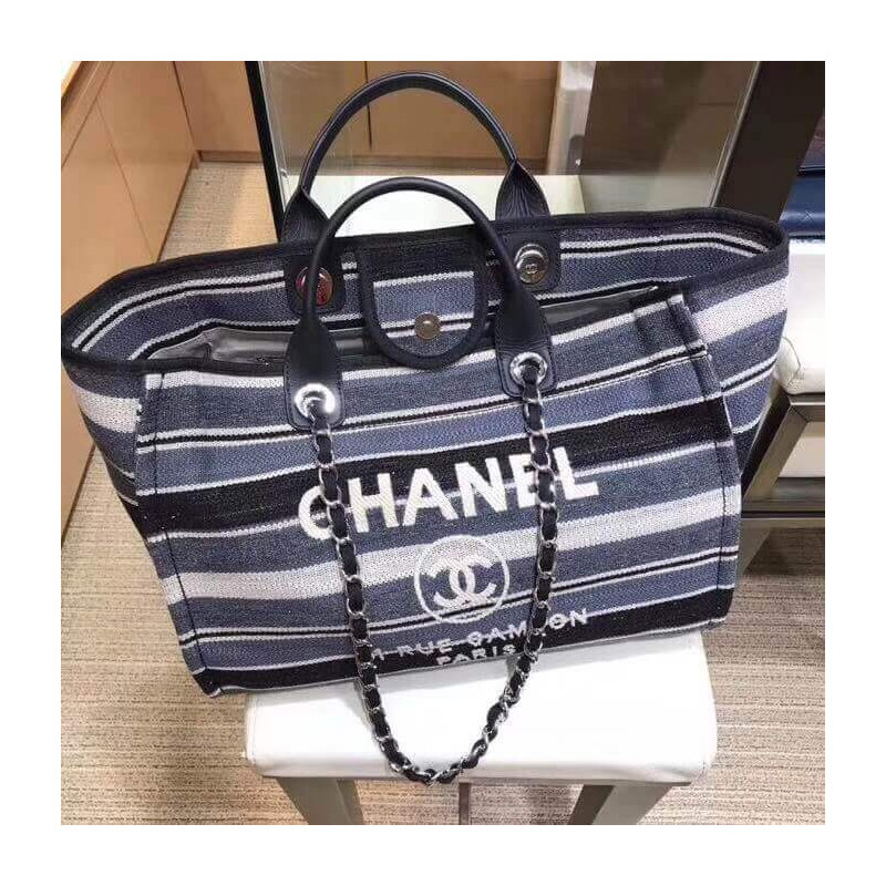 Replica Chanel Deauville Black Grey Striped Tweed Canvas Tote A66941 - Image 7