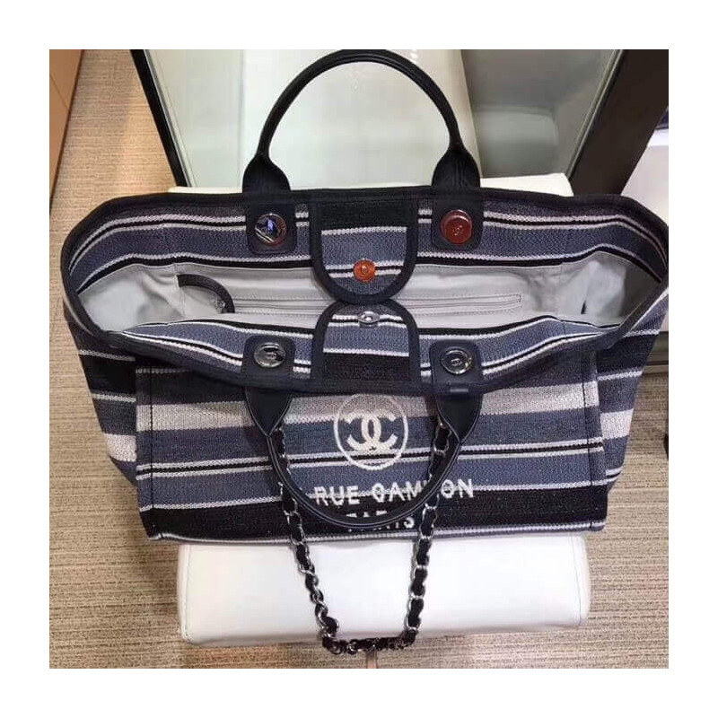 Replica Chanel Deauville Black Grey Striped Tweed Canvas Tote A66941 - Image 8