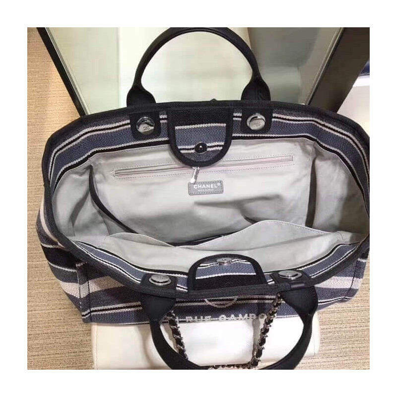 Replica Chanel Deauville Black Grey Striped Tweed Canvas Tote A66941 - Image 9