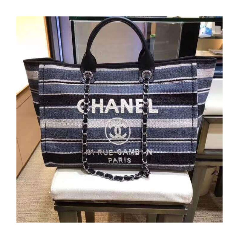 Replica Chanel Deauville Black Grey Striped Tweed Canvas Tote A66941
