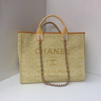Replica Chanel Deauville Tote 38Cm Canvas Bag A66941 Apricot/Gold