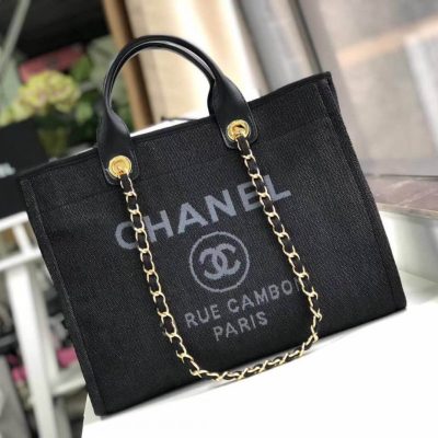 Replica Chanel Deauville Tote 38Cm Canvas Bag A66941 Black / Grey