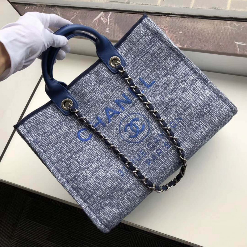 Replica Chanel Deauville Tote 38Cm Canvas Bag A66941 Blue Jacquard - Image 3