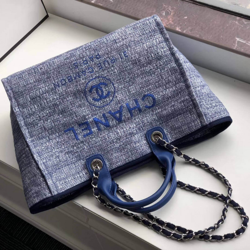 Replica Chanel Deauville Tote 38Cm Canvas Bag A66941 Blue Jacquard - Image 7
