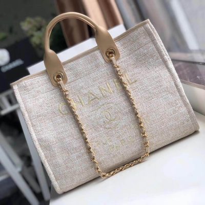 Replica Chanel Deauville Tote 38Cm Canvas Bag A66941 Cream / Beige
