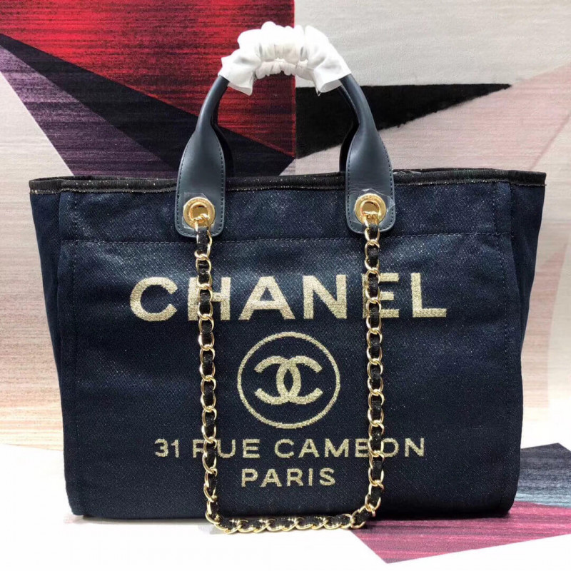 Replica Chanel Deauville Tote 38Cm Canvas Bag A66941 Denim Blue/Gold - Image 4