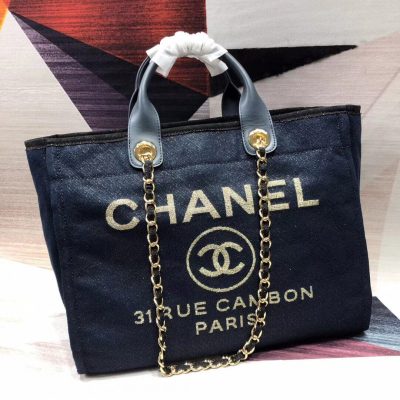Replica Chanel Deauville Tote 38Cm Canvas Bag A66941 Denim Blue/Gold