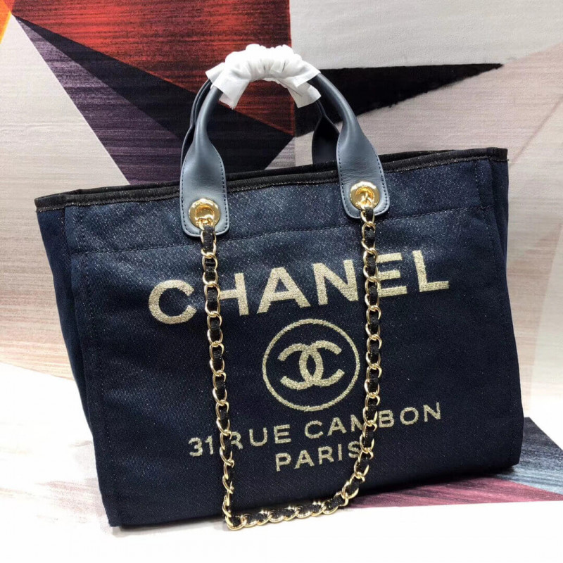 Replica Chanel Deauville Tote 38Cm Canvas Bag A66941 Denim Blue/Gold