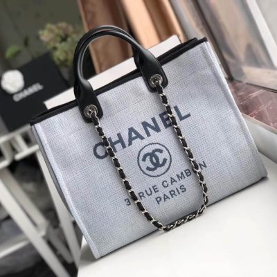 Replica Chanel Deauville Tote 38Cm Canvas Bag A66941 Light Grey/Black