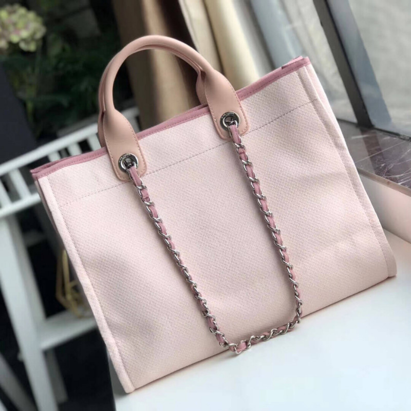Replica Chanel Deauville Tote 38Cm Canvas Bag A66941 Pink/White - Image 2