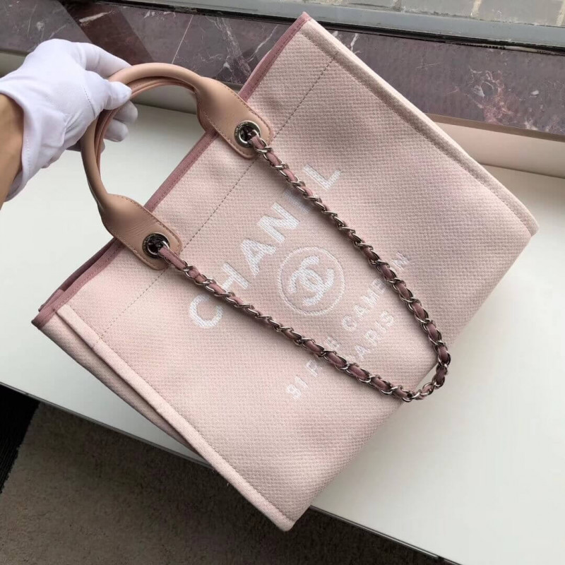 Replica Chanel Deauville Tote 38Cm Canvas Bag A66941 Pink/White - Image 3