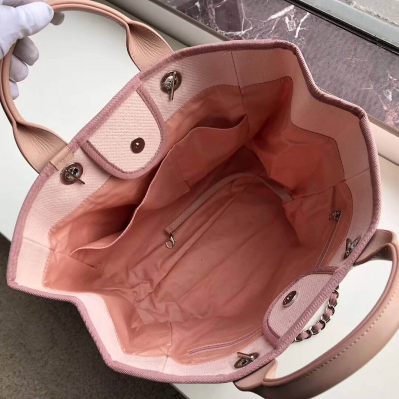 Replica Chanel Deauville Tote 38Cm Canvas Bag A66941 Pink/White - Image 9