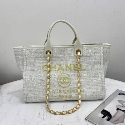 Replica Chanel Deauville Tote 38Cm Canvas Bag A66941 White/Gold