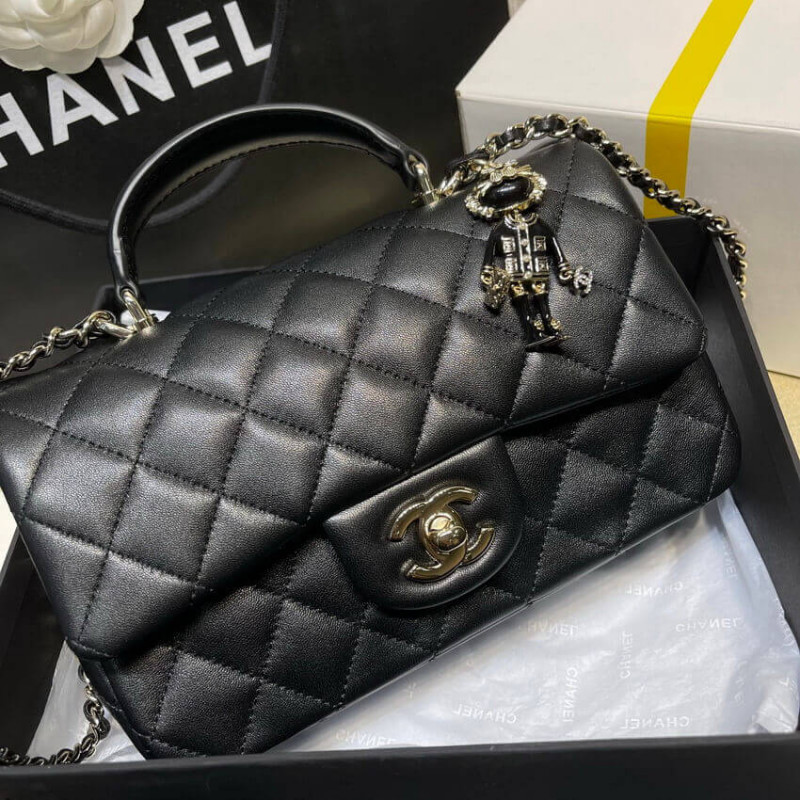 Replica Chanel Lambskin Mini Flap Bag With Top Handle Black As2431 With Charms - Image 3