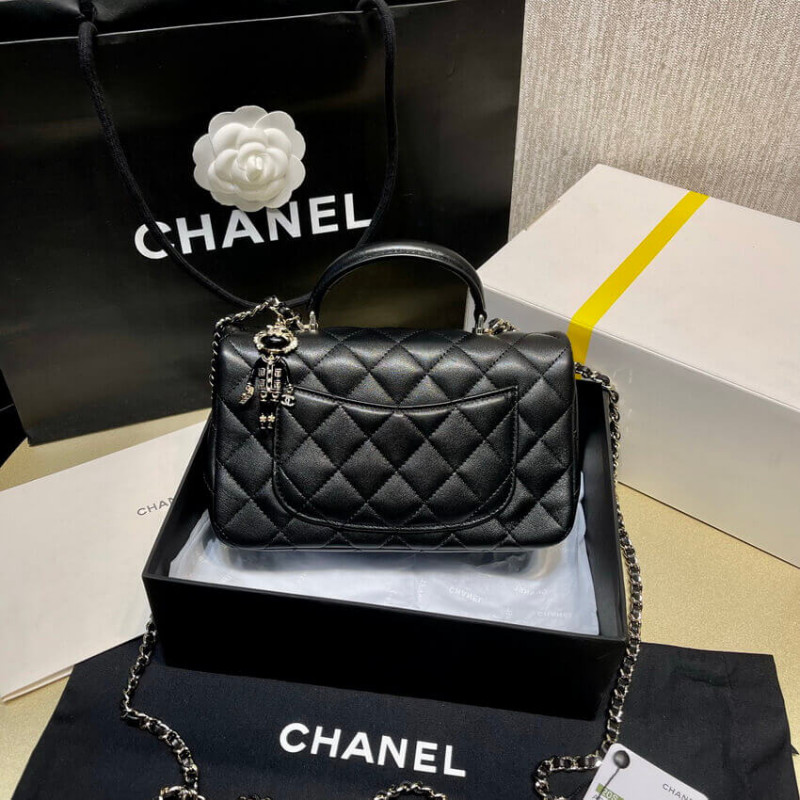 Replica Chanel Lambskin Mini Flap Bag With Top Handle Black As2431 With Charms - Image 4