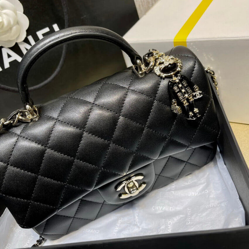 Replica Chanel Lambskin Mini Flap Bag With Top Handle Black As2431 With Charms - Image 5