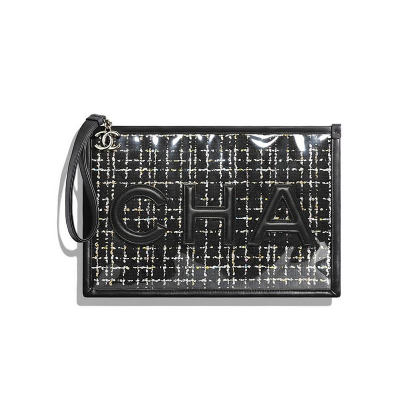 Replica Chanel Large Tweed Pvc Logo Pouches Ap0360