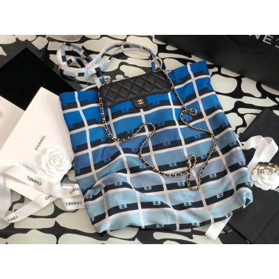 Replica Chanel Printed Fabric Foldable Tote Bag With Chain Ap2095 Blue
