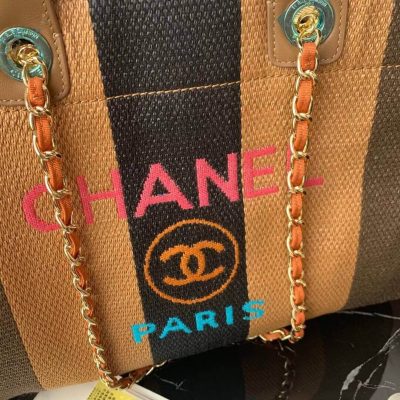 Alternative view of Replica Chanel Straw Raffia Calfskin Striped Large Deauville Tote A93786