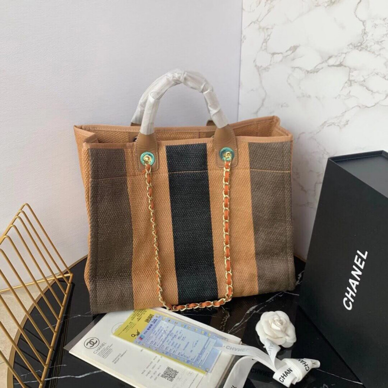 Replica Chanel Straw Raffia Calfskin Striped Large Deauville Tote A93786 - Image 4