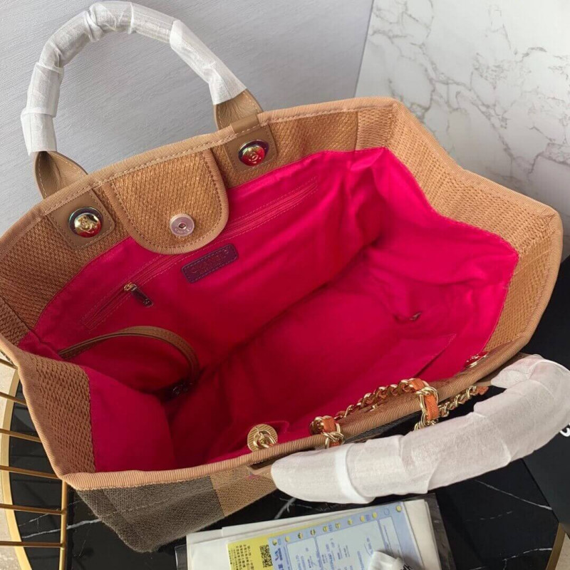 Replica Chanel Straw Raffia Calfskin Striped Large Deauville Tote A93786 - Image 8