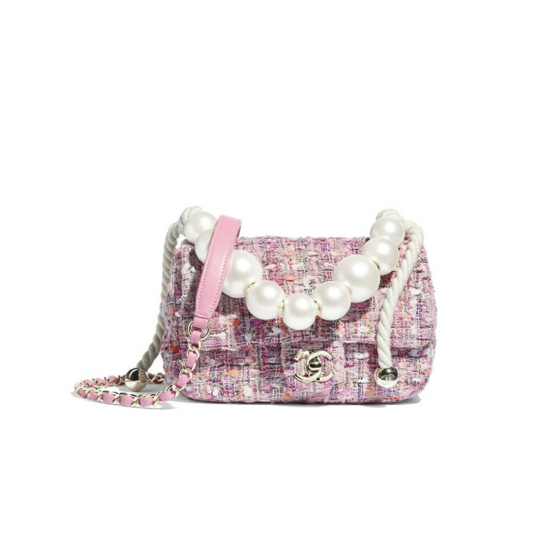 Replica Chanel Tweed Flap Bag With Large Pearl Handle As0593