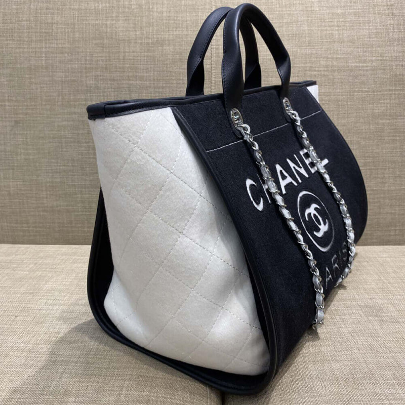 Replica Chanel Wool Felt Deauville Shopping Bag A60598 Black/White - Image 3