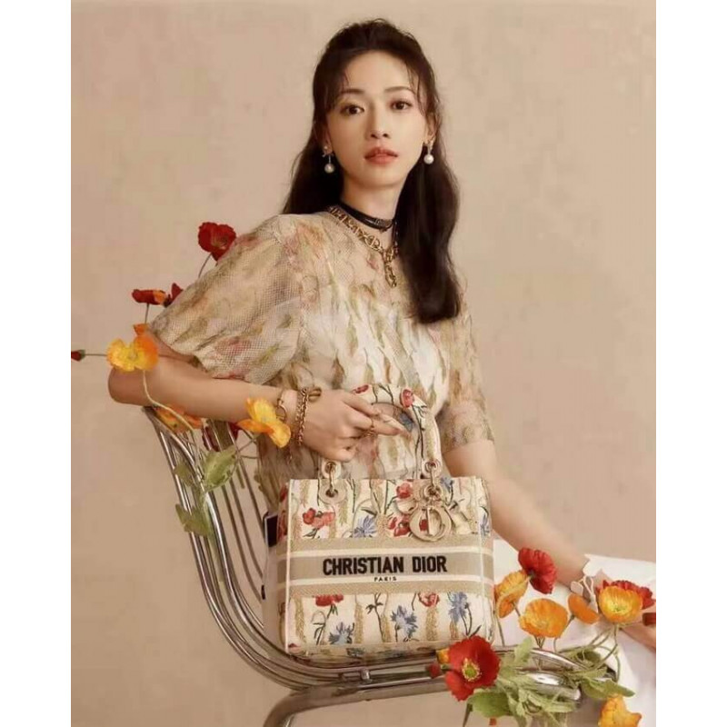Replica Dior Medium Lady D-Lite Hibiscus Metallic Thread Embroidery Bag M0565 - Image 2