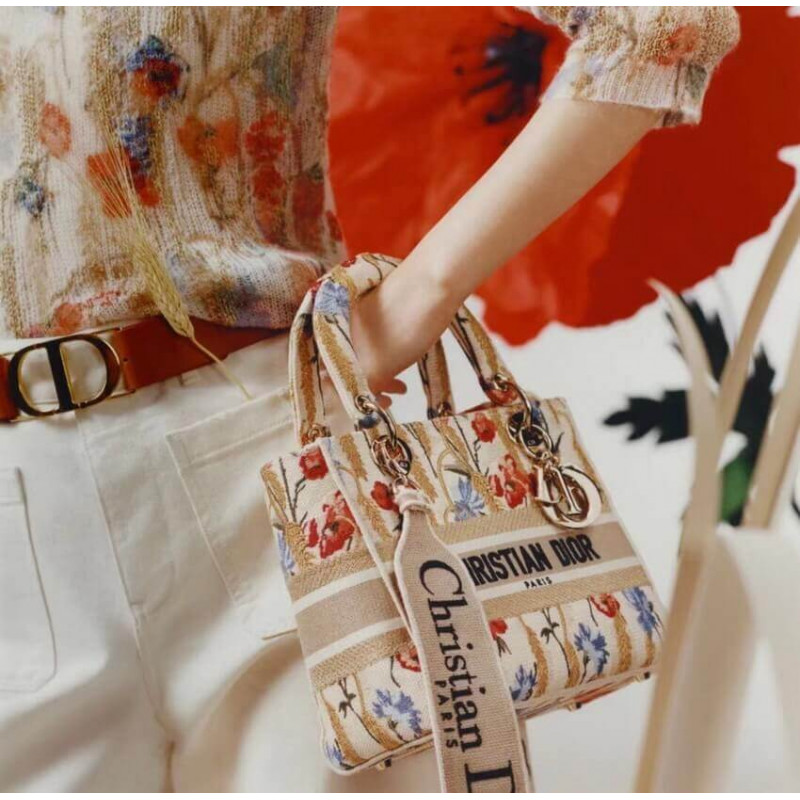 Replica Dior Medium Lady D-Lite Hibiscus Metallic Thread Embroidery Bag M0565 - Image 3