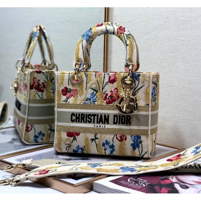 Replica Dior Medium Lady D-Lite Hibiscus Metallic Thread Embroidery Bag M0565 - Image 4