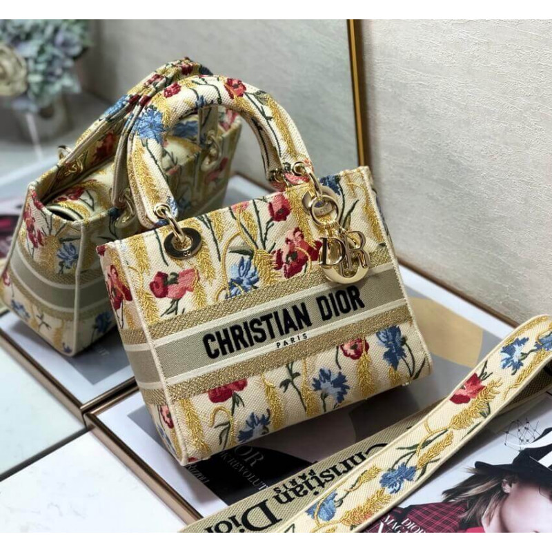 Replica Dior Medium Lady D-Lite Hibiscus Metallic Thread Embroidery Bag M0565 - Image 5