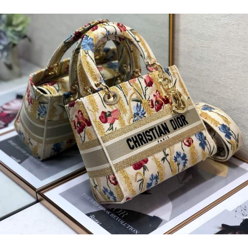 Replica Dior Medium Lady D-Lite Hibiscus Metallic Thread Embroidery Bag M0565 - Image 6