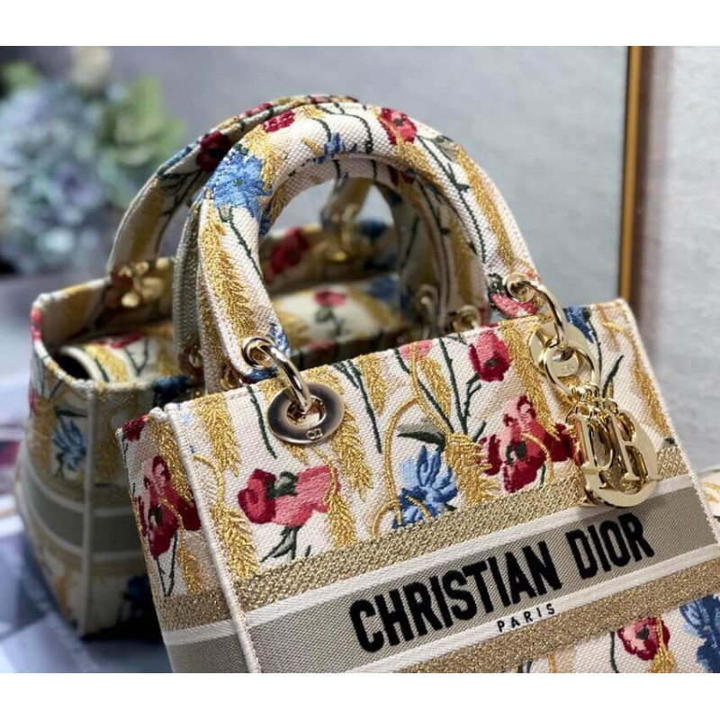 Replica Dior Medium Lady D-Lite Hibiscus Metallic Thread Embroidery Bag M0565 - Image 7